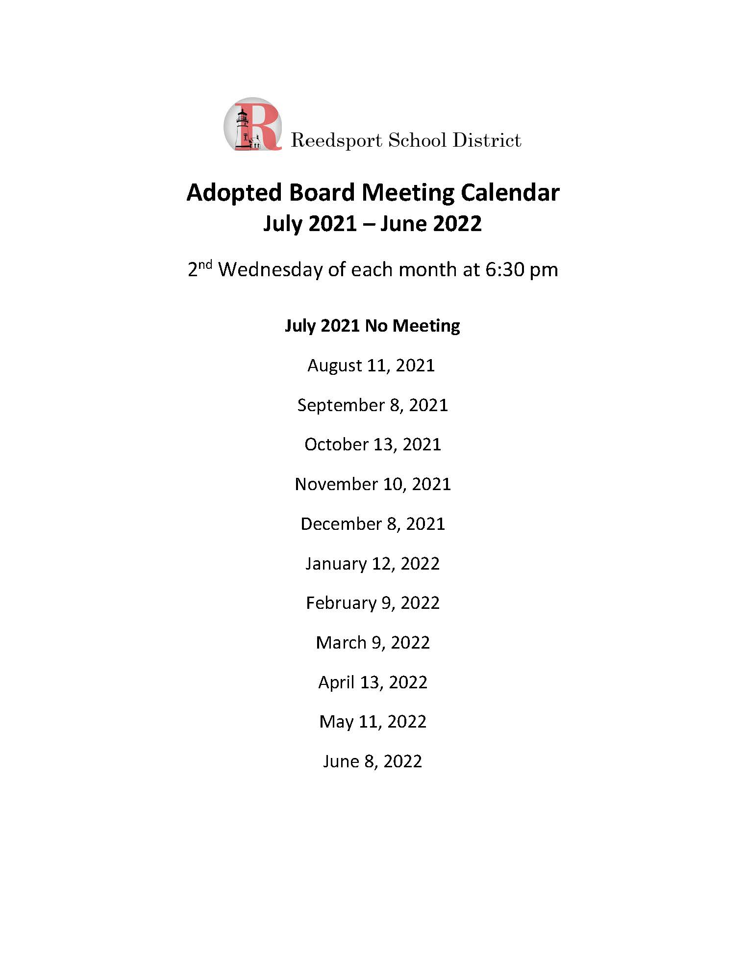 2021-2022 Adopted Board meeting calendar